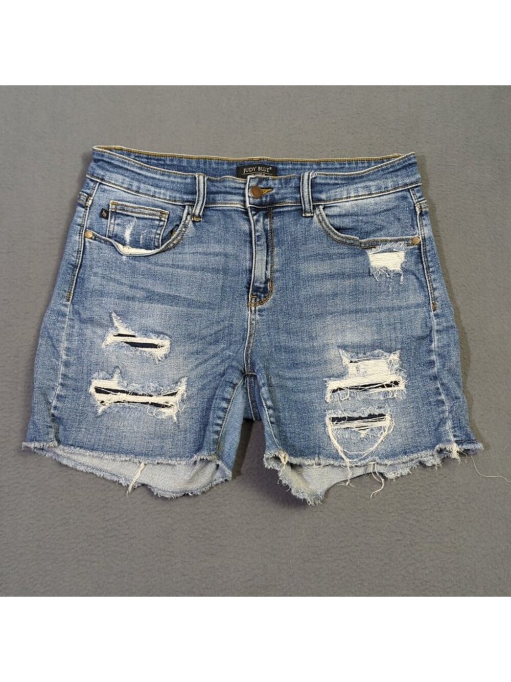 Judy Blue Jean Shorts Women's XL Blue Distressed Patched Denim